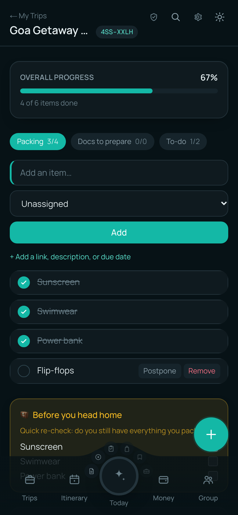 Packing checklist with progress bar