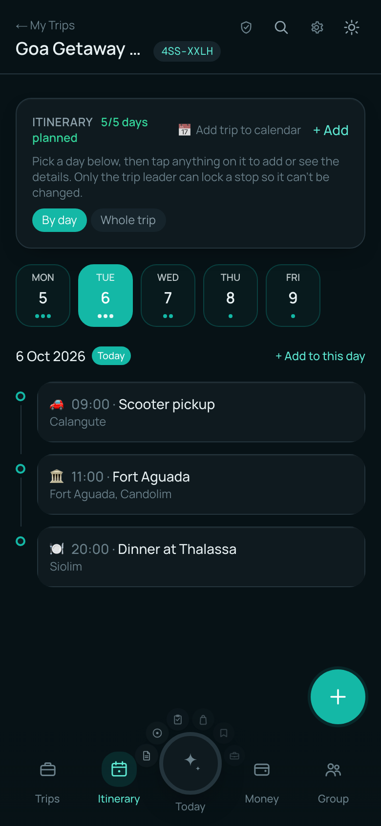 Whole-trip itinerary as a connected day-by-day rail