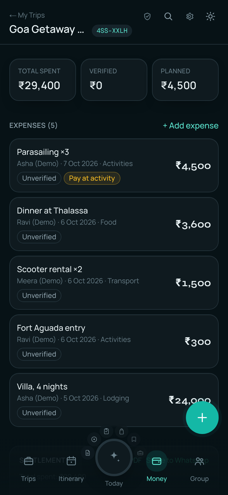 Expenses and settlement screen